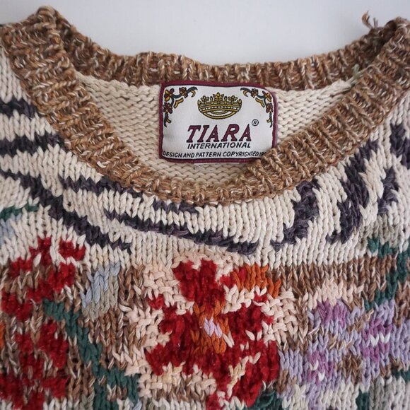 Vintage Tiara Cream Brown Knit Floral Knit Cotton Blend Crewneck Sweater XL - Picture 12 of 13